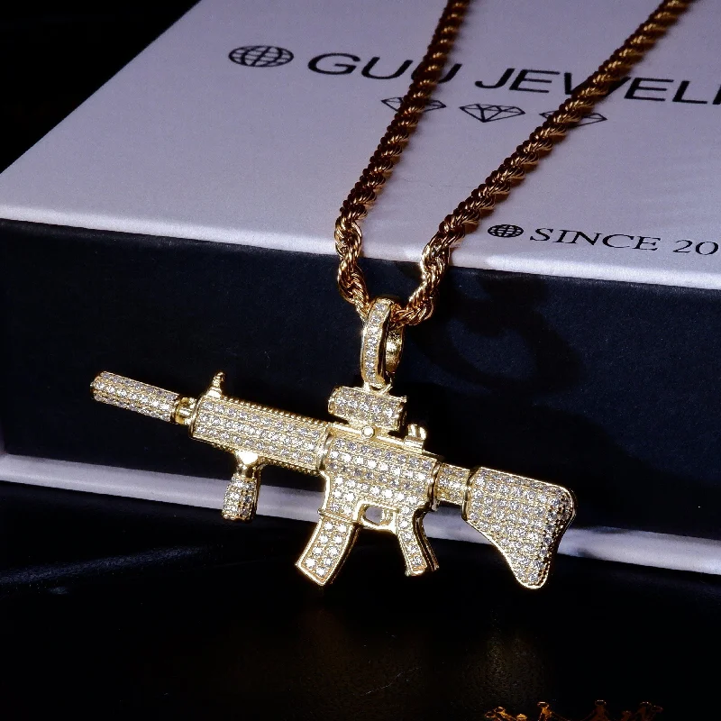 S925 Silver Diamond M4 Carbine Gun BlingBling Iced Pendant In Gold-Plated