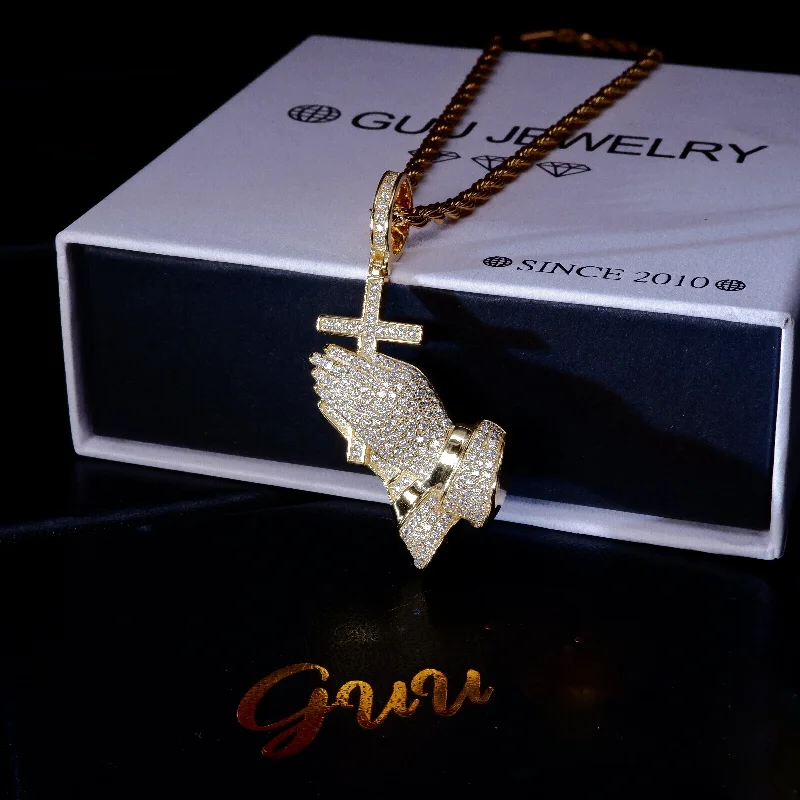 S925 Silver Praying BlingBling Iced  Pendant In Gold-Plated