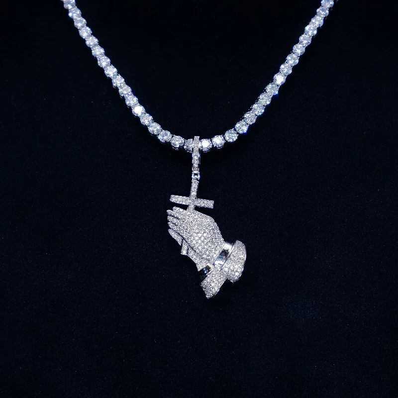 S925 Silver Iced  Praying BlingBling Pendant In WhiteGold-Plated