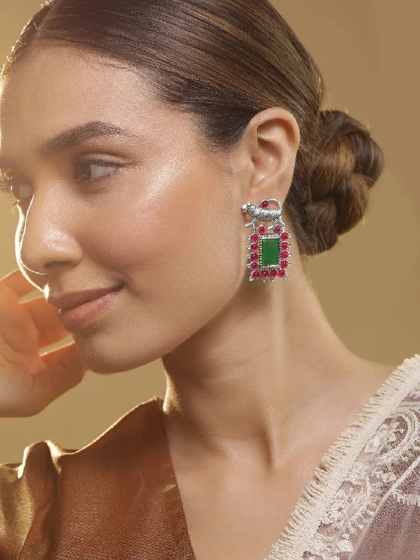 Luxury Jewelry At Unbeatable Discounts Oxidised Silver Plated Emerald & Zirconia Studded Tiger Motif Statement Drop Earrings