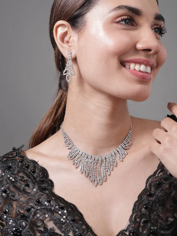 Gorgeous Jewelry, Limited-Time Savings Rubans Rhodium Plated AD & Cubic Zirconia Studded Statement Necklace Set with Droplet Design