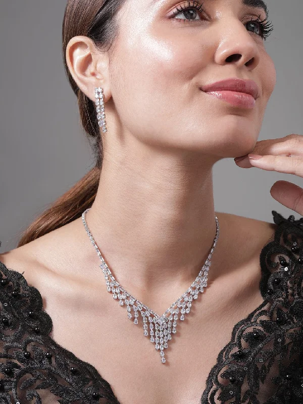 Affordable Luxury Jewelry For Every Occasion Rhodium Plated Crystal AD & Cubic Zirconia Studded Luxurious Layered Drop Necklace Set