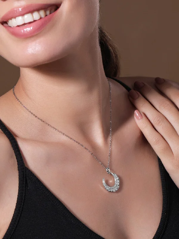 Limited-Time Offer On Elegant Jewelry Pieces Rhodium Plated Stainless Steel Tarnish-Free Waterproof Zirconia Studded Half Moon Necklace