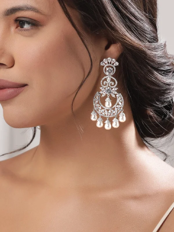 Unique Jewelry Designs Now At Discounted Rates Rubans Rhodium plated Zirconia crystals studded pearl beaded chandelier earrings