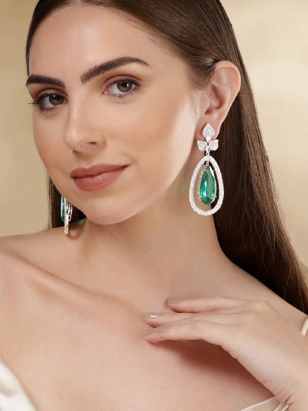 Timeless Elegance Now At Special Discounts Rubans Rhodium Plated Premium Emerald Zircons Studded Dangle Earring