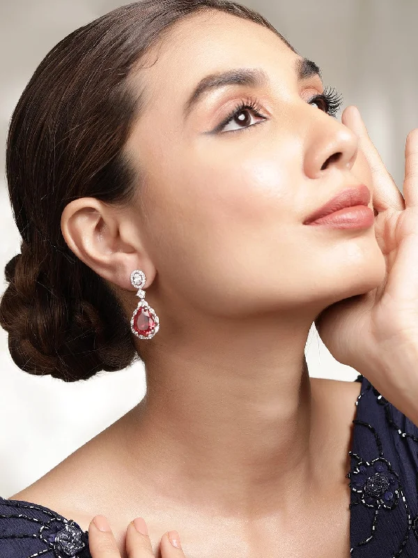 Discover Unique Jewelry With Special Limited-Time Offers Rubans Rhodium Plated Ruby Studded Zirconia Embellished Teardrop Earrings