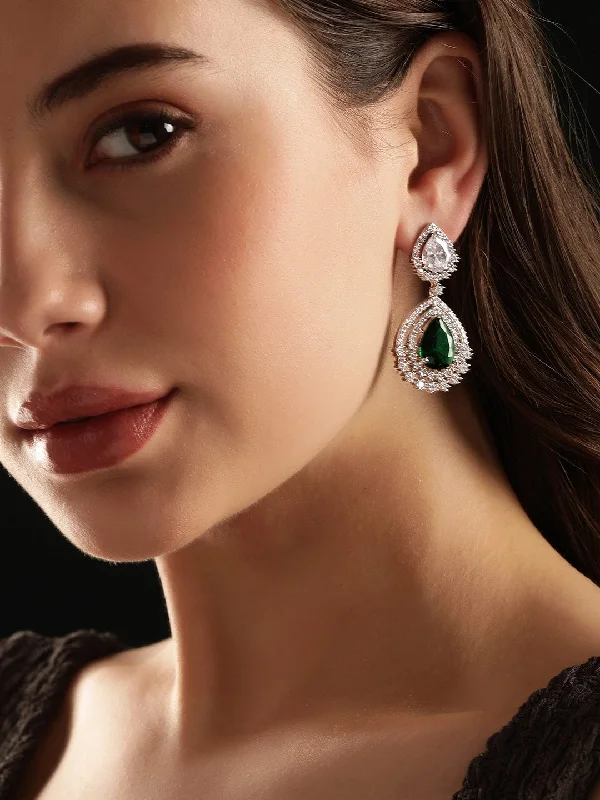 Your Perfect Accessory Now At The Best Price Rubans Rhodium plated Sapphire Green Zirconia Tear drop Chic Earring