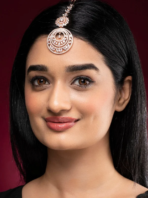 Dainty And Elegant Jewelry Now At Reduced Prices Rubans Rose Gold Plated Zirconia Stone Studded Maang Tikka.