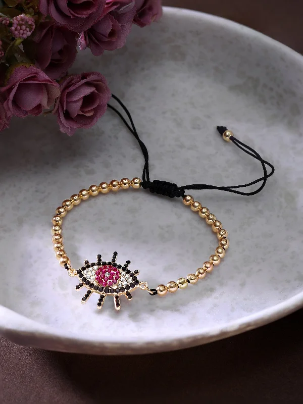 Best-Selling Jewelry Now Available At Special Deals Rubans Voguish Pink & Black Evil Eye Bracelet With Zircon Stone And Golden Beads